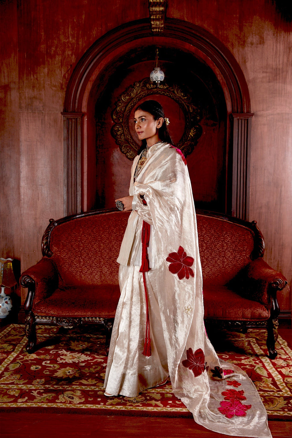 Silver Hand Embroidered Silk Saree With Belt Jacket at Kamakhyaa by Chambray & Co.. This item is Chambray & Co, Embroidered, Indian Wear, Natural, Party Wear, Regular Fit, Riwayat, Sarees, Silk, Silver, Womenswear