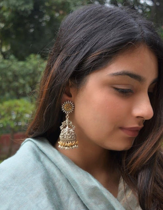 Silver Jhumkas Dual-toned with ghungroos at Kamakhyaa by House Of Heer. This item is Alloy Metal, Festive Jewellery, Festive Wear, Free Size, jewelry, Jhumkas, July Sale, July Sale 2023, Natural, Pearl, Silver, Solids, Textured