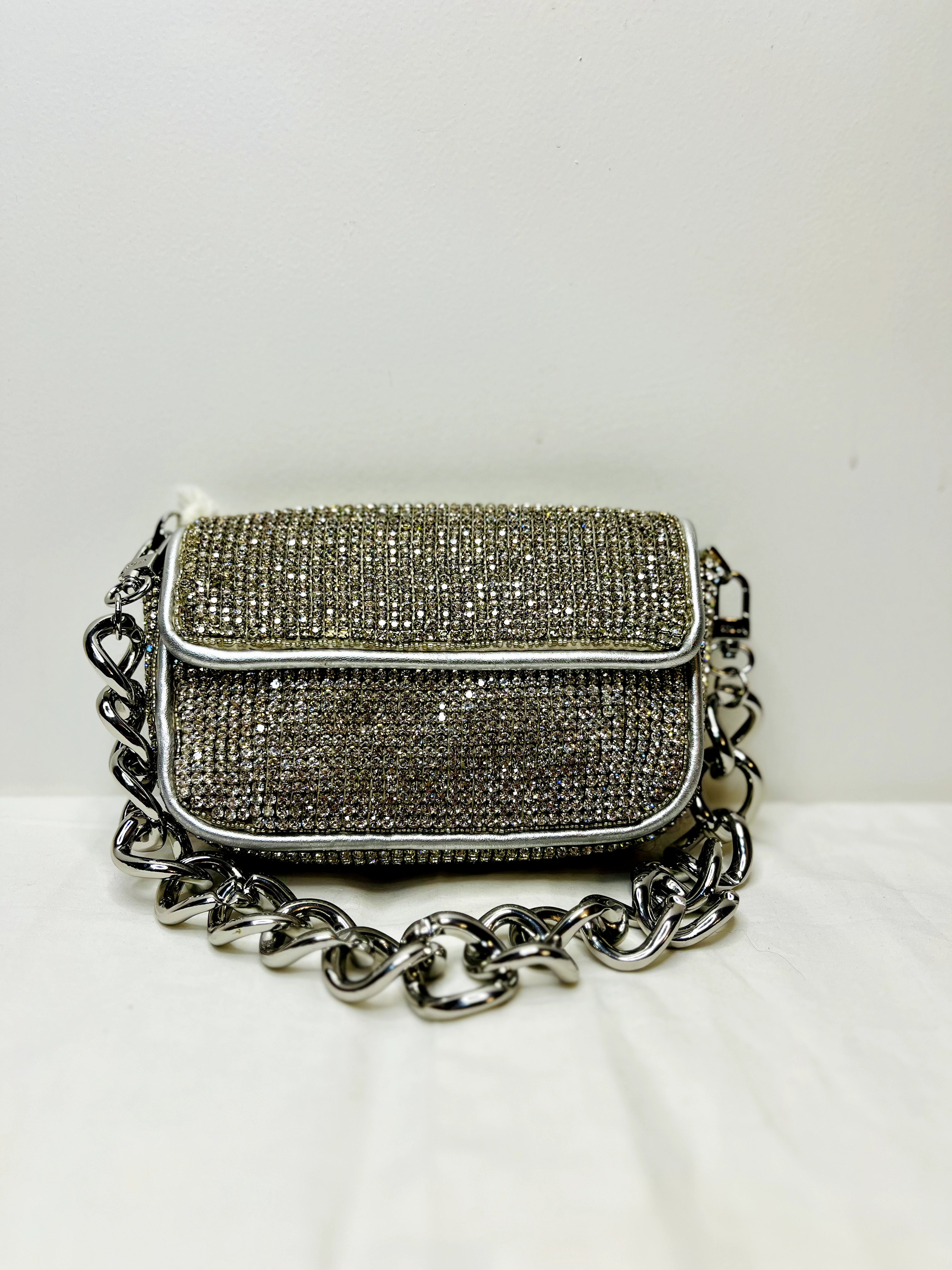 Silver Rhinestone Sling Bag at Kamakhyaa by Pre Loved. This item is Bags, Casual Wear, Mirror Work, Multicolor, Natural, Sling Bags