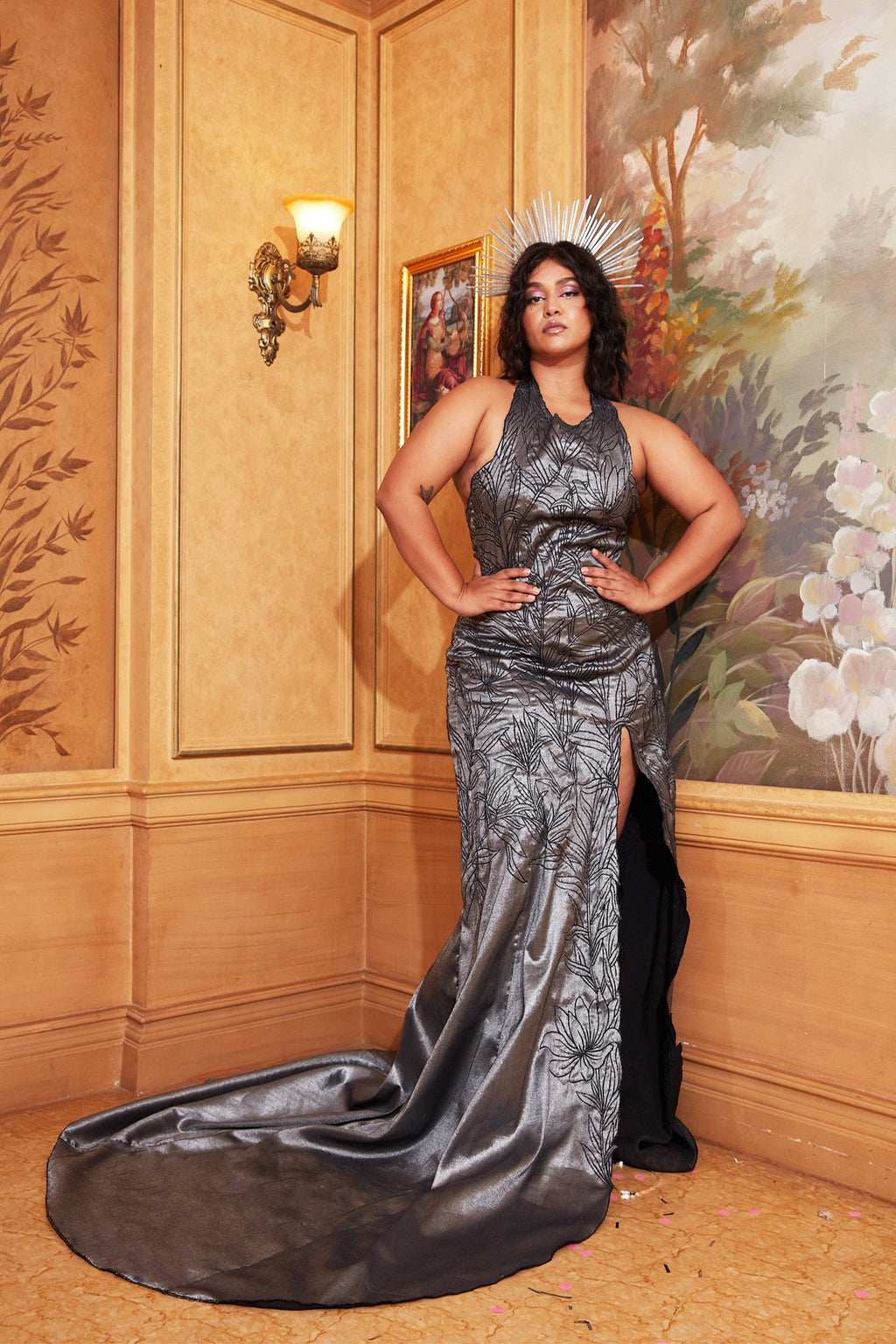 Silver Silk Statement Dress With Train at Kamakhyaa by Chambray & Co.. This item is Chambray & Co, Dresses, Embroidered, Maxi Dresses, Moon Child, Natural, Party Wear, Regular Fit, Silk, Silver, Womenswear