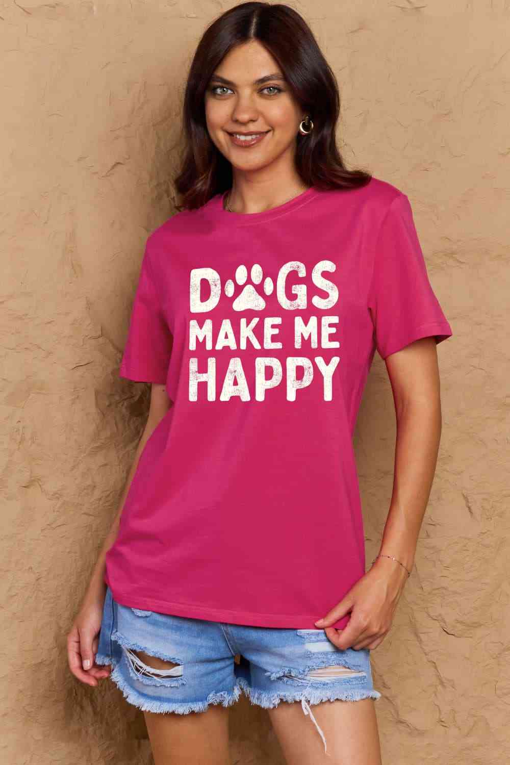 Simply Love Full Size DOGS MAKE ME HAPPY Graphic Cotton T-Shirt at Kamakhyaa by Trendsi. This item is Ship From Overseas, Simply Love, Trendsi, Womenswear