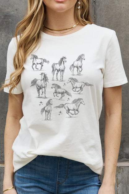 Simply Love Horse Graphic Cotton T-Shirt at Kamakhyaa by Trendsi. This item is 100% cotton, Casual Wear, For Siblings, Natural, Regular Fit, Ship From Overseas, Shipping Delay 09/29/2023 - 10/02/2023, Simply Love, Solids, T-Shirts, Trendsi, White, Womenswear