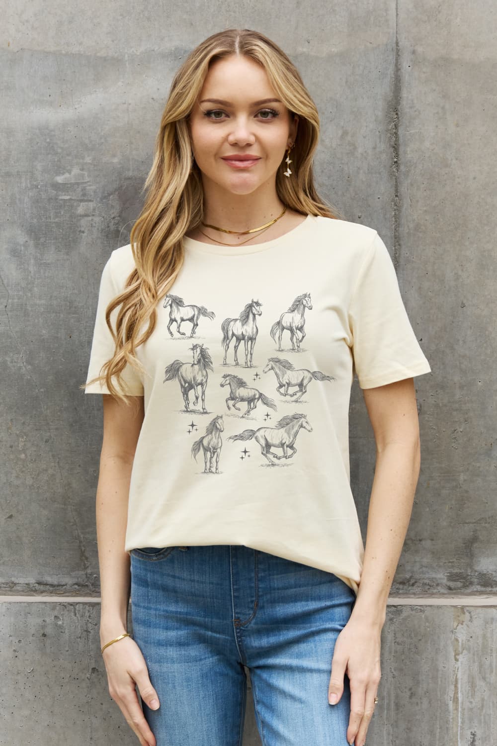 Simply Love Horse Graphic Cotton T-Shirt at Kamakhyaa by Trendsi. This item is 100% cotton, Casual Wear, For Siblings, Natural, Regular Fit, Ship From Overseas, Shipping Delay 09/29/2023 - 10/02/2023, Simply Love, Solids, T-Shirts, Trendsi, White, Womenswear