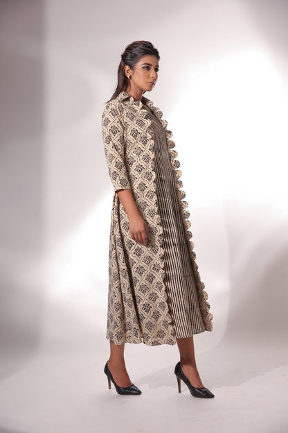 Sleeveless Midi Dress With Cape at Kamakhyaa by Keva. This item is Beige, Best Selling, Black, Block Prints, Cape, Co-ord Sets, Cotton, Dress Sets, Natural, Relaxed Fit, Resort Wear, Womenswear, Zima