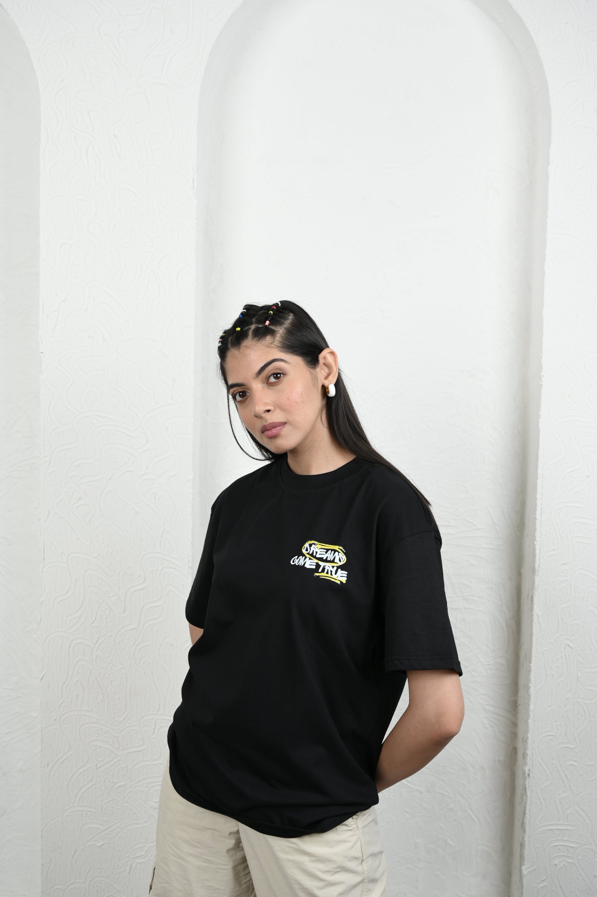 Smile Please 100% Cotton Oversized Black T-shirt at Kamakhyaa by Unfussy. This item is 100% cotton, Black, Casual Wear, Organic, Oversized Fit, Printed, T-Shirts, Unfussy, Unisex, Womenswear