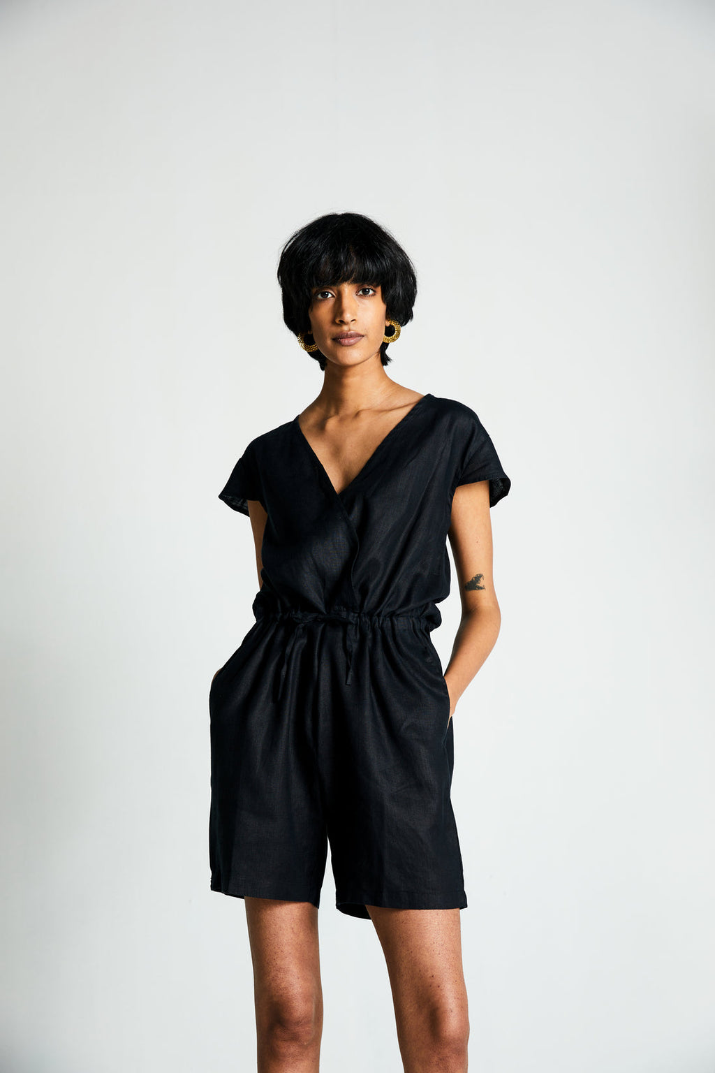 Smoke and Mirrors Romper at Kamakhyaa by Reistor. This item is Best Selling, Black, Casual Wear, Hemp, Jumpsuits, Natural, Noir, Office Wear, Regular Fit, Rompers, Solids, Womenswear