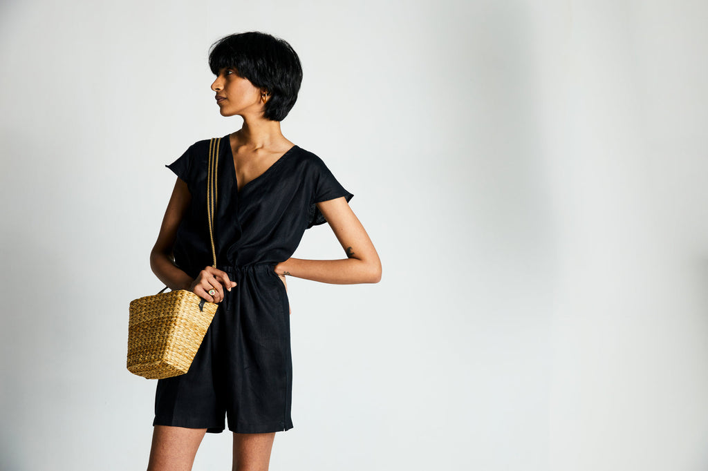 Smoke and Mirrors Romper at Kamakhyaa by Reistor. This item is Best Selling, Black, Casual Wear, Hemp, Jumpsuits, Natural, Noir, Office Wear, Regular Fit, Rompers, Solids, Womenswear