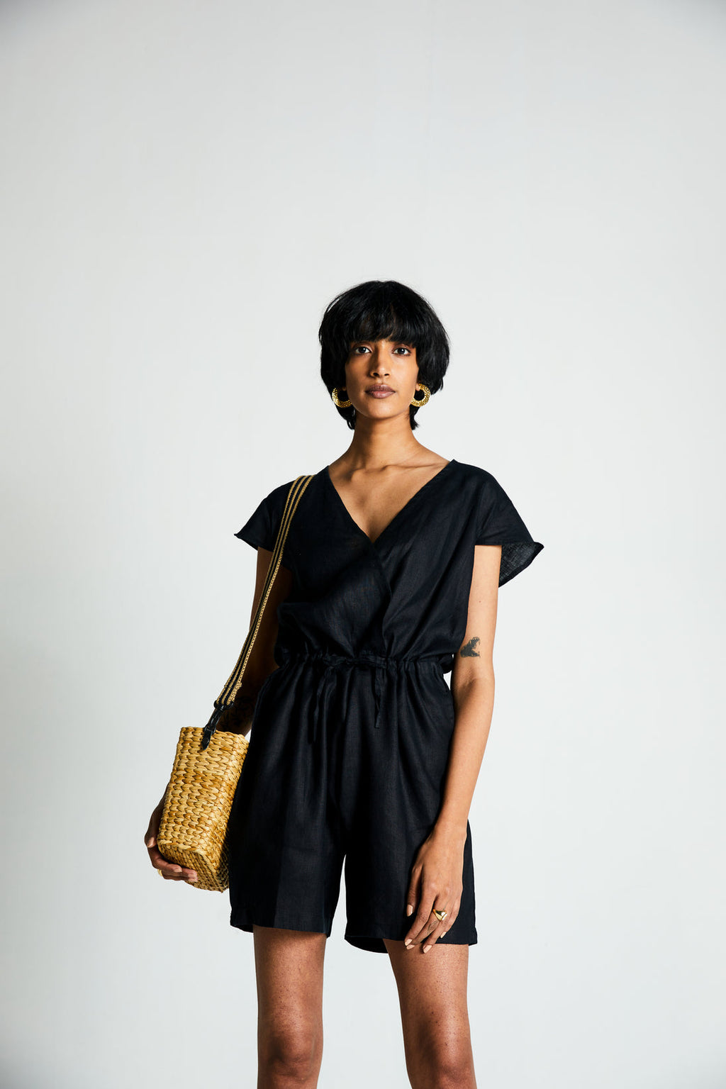 Smoke and Mirrors Romper at Kamakhyaa by Reistor. This item is Best Selling, Black, Casual Wear, Hemp, Jumpsuits, Natural, Noir, Office Wear, Regular Fit, Rompers, Solids, Womenswear