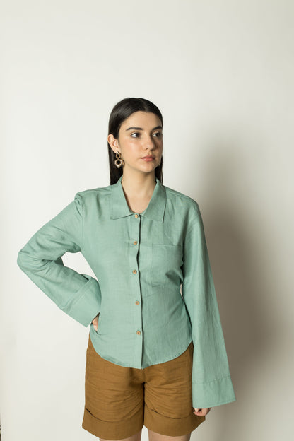 Solid Blue Shirt with Back Tie at Kamakhyaa by Anushé Pirani. This item is Cotton Hemp, Green, Nostalgic Whispers, Regular Fit, solid, Tops & Shirts, Womenswear