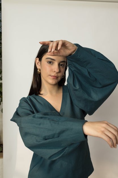 Solid Green Top with Dramatic Sleeves at Kamakhyaa by Anushé Pirani. This item is Cotton Hemp, Green, Nostalgic Whispers, solid, Tops & Shirts, Womenswear