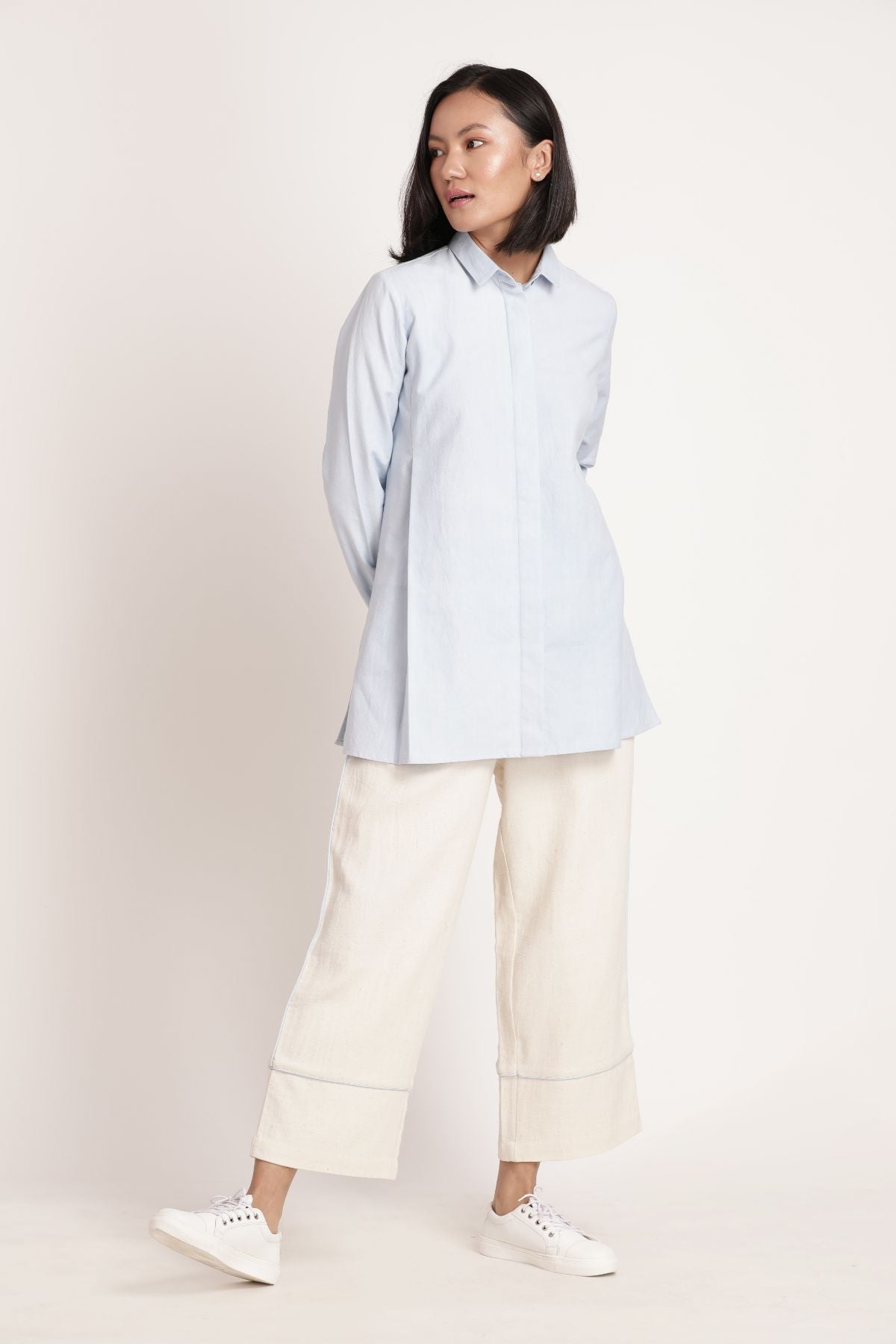 Sora Shirt Blue at Kamakhyaa by Itya. This item is Blue, Hand Spun Cotton, Handwoven cotton, Natural, Office Wear, Pastel Perfect, Pastel Perfect by Itya, Plant Dye, Relaxed Fit, Shirts, Solids, SS22, Tops, Womenswear