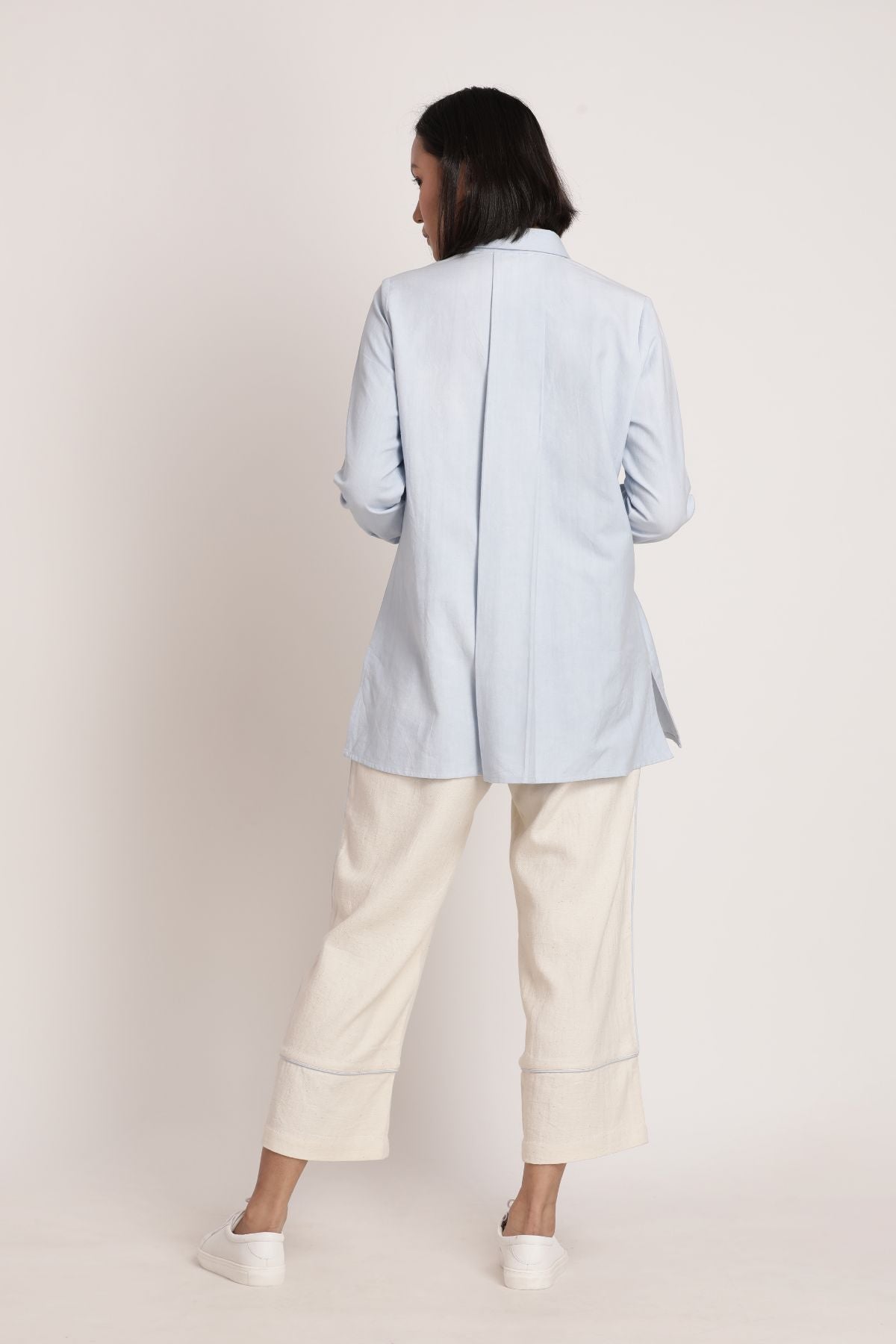 Sora Shirt Blue at Kamakhyaa by Itya. This item is Blue, Hand Spun Cotton, Handwoven cotton, Natural, Office Wear, Pastel Perfect, Pastel Perfect by Itya, Plant Dye, Relaxed Fit, Shirts, Solids, SS22, Tops, Womenswear