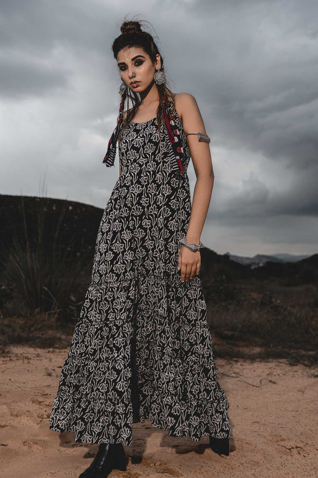 Spaghetti Tiered Long Dress at Kamakhyaa by Keva. This item is Best Selling, Black, Block Prints, Cotton, FB ADS JUNE, Maxi Dresses, Natural, Printed Selfsame, Relaxed Fit, Resort Wear, Sleeveless Dresses, Strap Dresses, Tiered Dresses, Wild Child, Womenswear