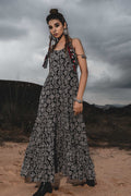 Spaghetti Tiered Long Dress at Kamakhyaa by Keva. This item is Best Selling, Black, Block Prints, Cotton, FB ADS JUNE, Maxi Dresses, Natural, Printed Selfsame, Relaxed Fit, Resort Wear, Sleeveless Dresses, Strap Dresses, Tiered Dresses, Wild Child, Womenswear