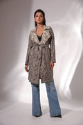 Spiral Hand Block Printed Trench Coat at Kamakhyaa by Keva. This item is Beige, Best Selling, Black, Block Prints, Cotton, Natural, Relaxed Fit, Resort Wear, Spirals, Trench Coats, Womenswear, Zima