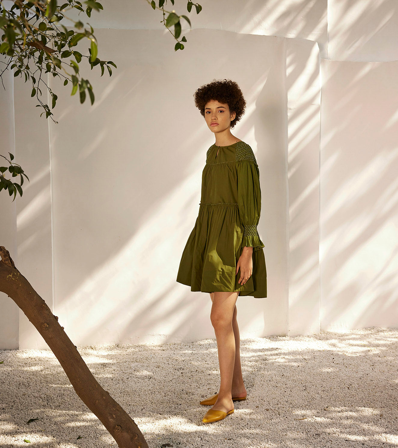 Spring Breeze Dress at Kamakhyaa by Khara Kapas. This item is Casual Wear, Cotton Poplin, Green, Mini Dresses, Oh! Sussana Spring 2023, Organic, Regular Fit, Solid Selfmade, Solids, Womenswear