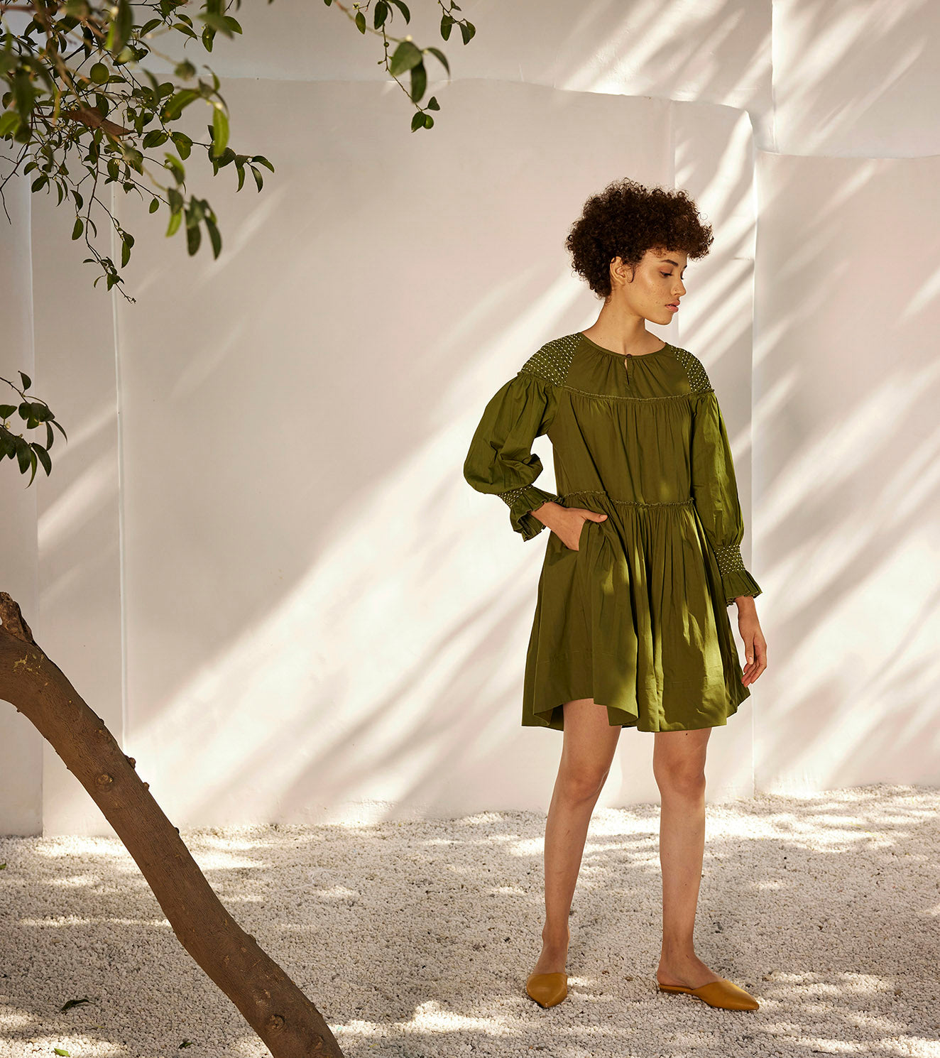 Spring Breeze Dress at Kamakhyaa by Khara Kapas. This item is Casual Wear, Cotton Poplin, Green, Mini Dresses, Oh! Sussana Spring 2023, Organic, Regular Fit, Solid Selfmade, Solids, Womenswear