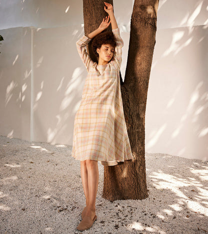 Spring dream dress at Kamakhyaa by Khara Kapas. This item is Casual Wear, Linen, Midi Dresses, Multicolor, Oh! Sussana Spring 2023, Organic, Regular Fit, Solids, Womenswear