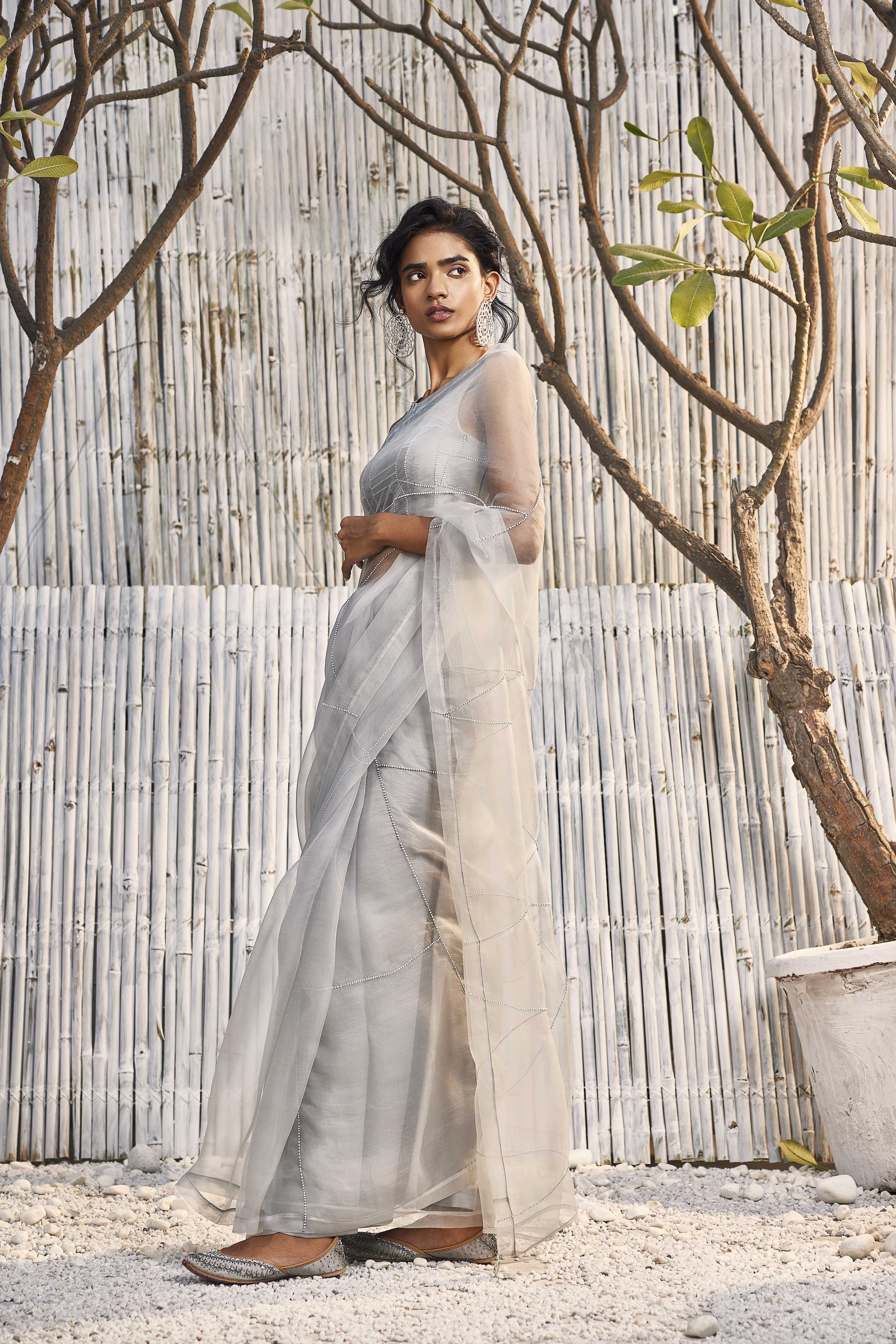 Digital Printed Satin Organza Saree in Grey : SSF21910