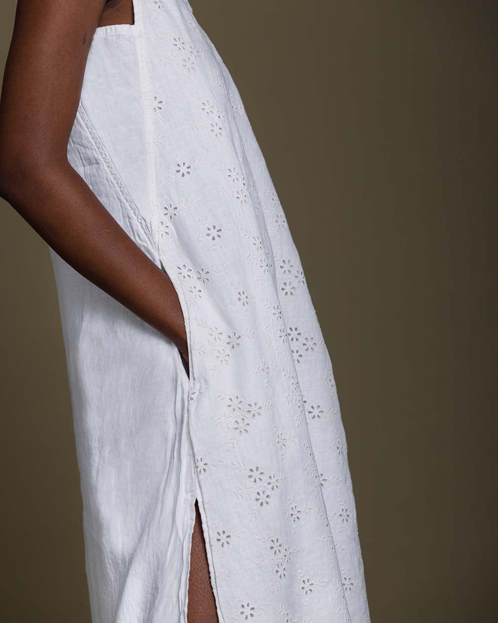 Stolen Sunsets Dresses - Coconut White at Kamakhyaa by Reistor. This item is Casual Wear, Embroidered, Hemp, Midi Dresses, Natural, Sleeveless Dresses, Solid Selfmade, White, Womenswear