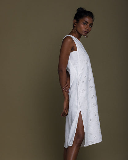 Stolen Sunsets Dresses - Coconut White at Kamakhyaa by Reistor. This item is Casual Wear, Embroidered, Hemp, Midi Dresses, Natural, Sleeveless Dresses, Solid Selfmade, White, Womenswear