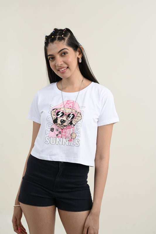 Sunnies 100% Cotton Crop White T-shirt at Kamakhyaa by Unfussy. This item is 100% cotton, Casual Wear, Crop Tops, Organic, Oversized Fit, Printed, T-Shirts, Unfussy, Unisex, White, Womenswear