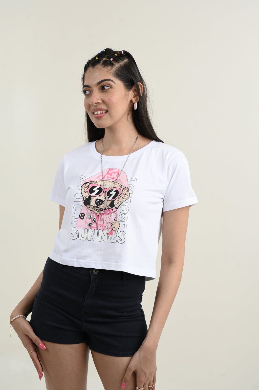 Sunnies 100% Cotton Crop White T-shirt at Kamakhyaa by Unfussy. This item is 100% cotton, Casual Wear, Crop Tops, Organic, Oversized Fit, Printed, T-Shirts, Unfussy, Unisex, White, Womenswear