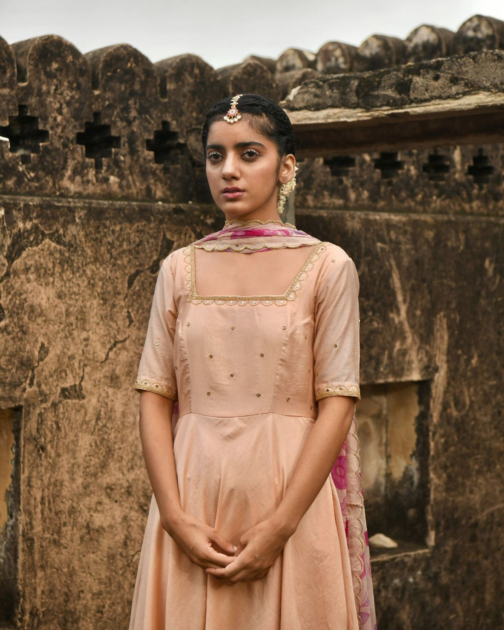 Sunset Blush Kurta Set With Dupatta at Kamakhyaa by Taro. This item is Beads work, Chanderi Silk, Chiffon, Digital Print, Enchanted Garden, Evening Wear, Festive Wear, Fitted At Waist, Indian Wear, July Sale, July Sale 2023, Kurta Pant Sets, Kurta Set With Dupatta, Natural, Natural with azo free dyes, Peach, Sequin Work, Womenswear