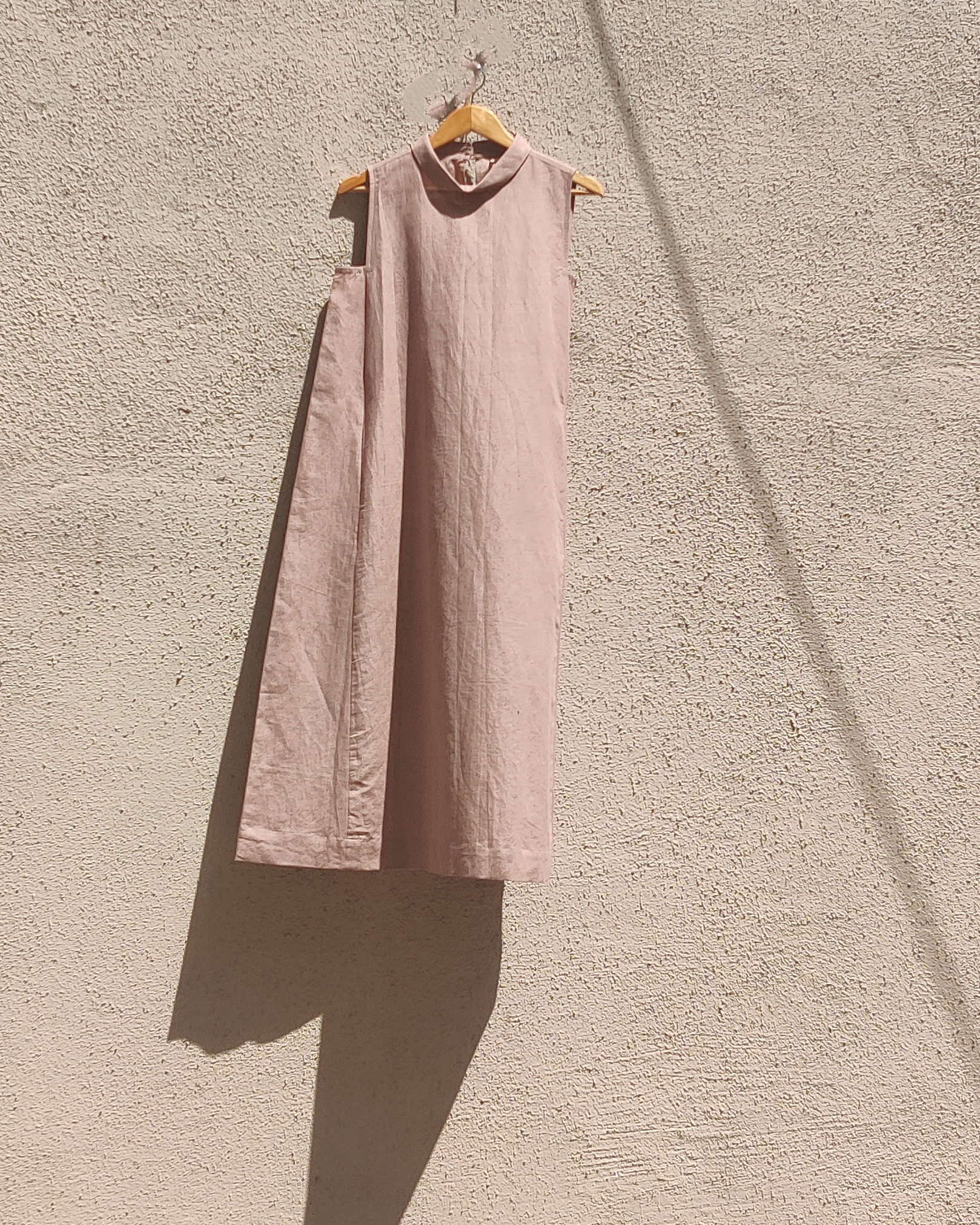Sunset Rose A Line Dress at Kamakhyaa by Anushé Pirani. This item is Beige, Casual Wear, Cotton, Cotton Hemp, Handwoven, Hemp, Midi Dresses, Regular Fit, Shibumi Collection, Sleeveless Dresses, Solids, Womenswear