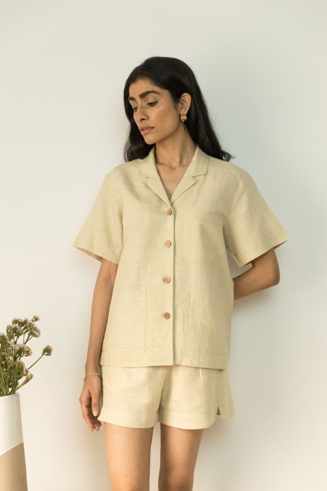 Sunset Rose Casual Shirt at Kamakhyaa by Anushé Pirani. This item is Beige, Casual Wear, Cotton, Cotton Hemp, Handwoven, Hemp, Relaxed Fit, Shibumi Collection, Shirts, Solids, Womenswear