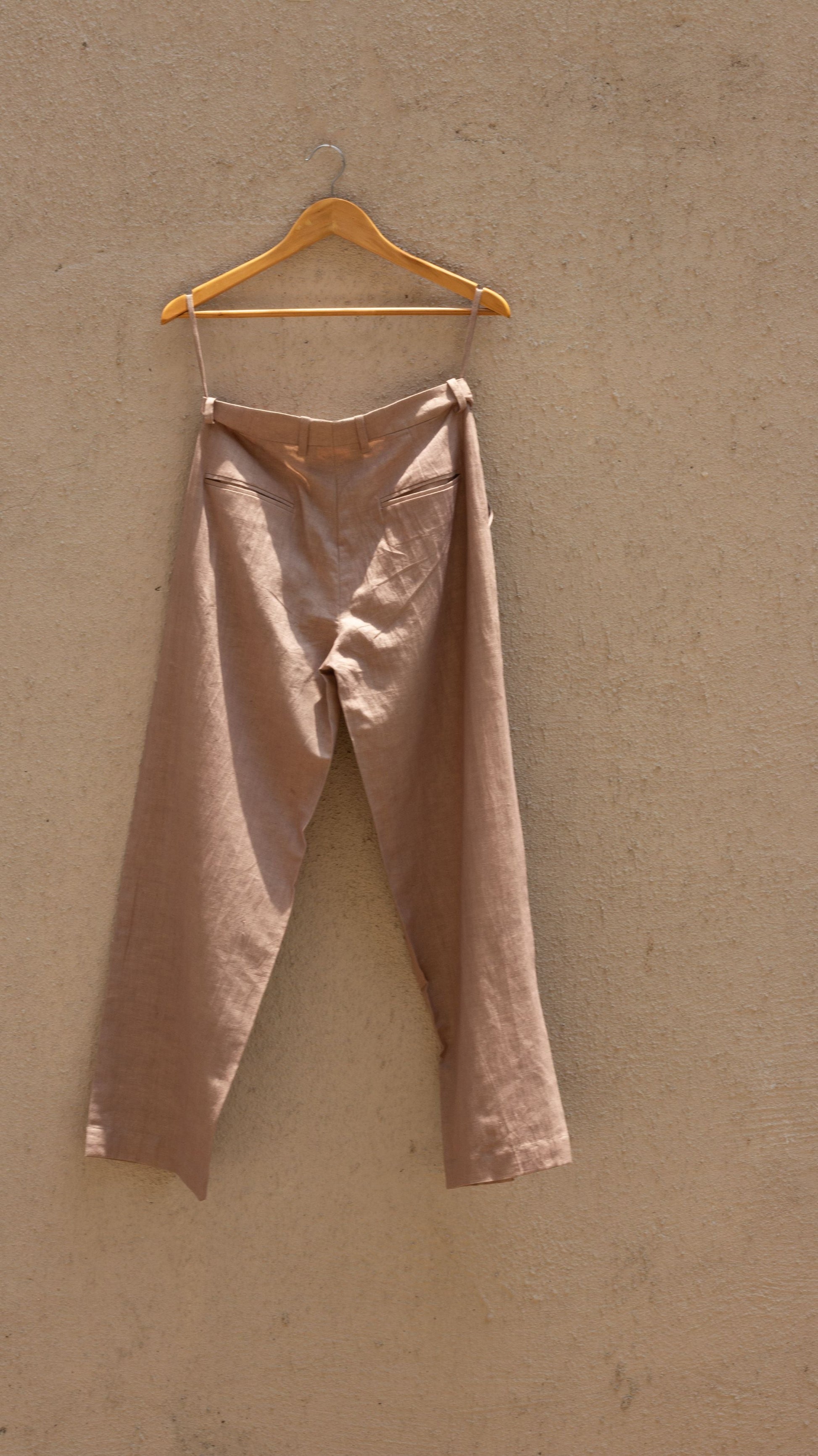 Sunset Rose Casual Trousers at Kamakhyaa by Anushé Pirani. This item is Beige, Casual Wear, Cotton, Cotton Hemp, For Him, Handwoven, Hemp, Mens Bottom, Menswear, Regular Fit, Shibumi Collection, Solids, Trousers