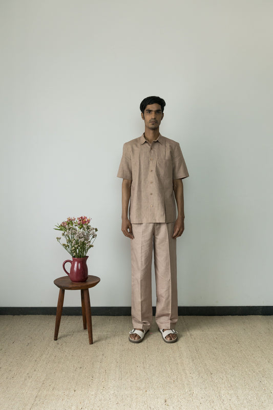 Sunset Rose Pleated Shirt at Kamakhyaa by Anushé Pirani. This item is Beige, Casual Wear, Cotton, Cotton Hemp, For Him, Handwoven, Hemp, Menswear, Regular Fit, Shibumi Collection, Shirts, Solids, Tops