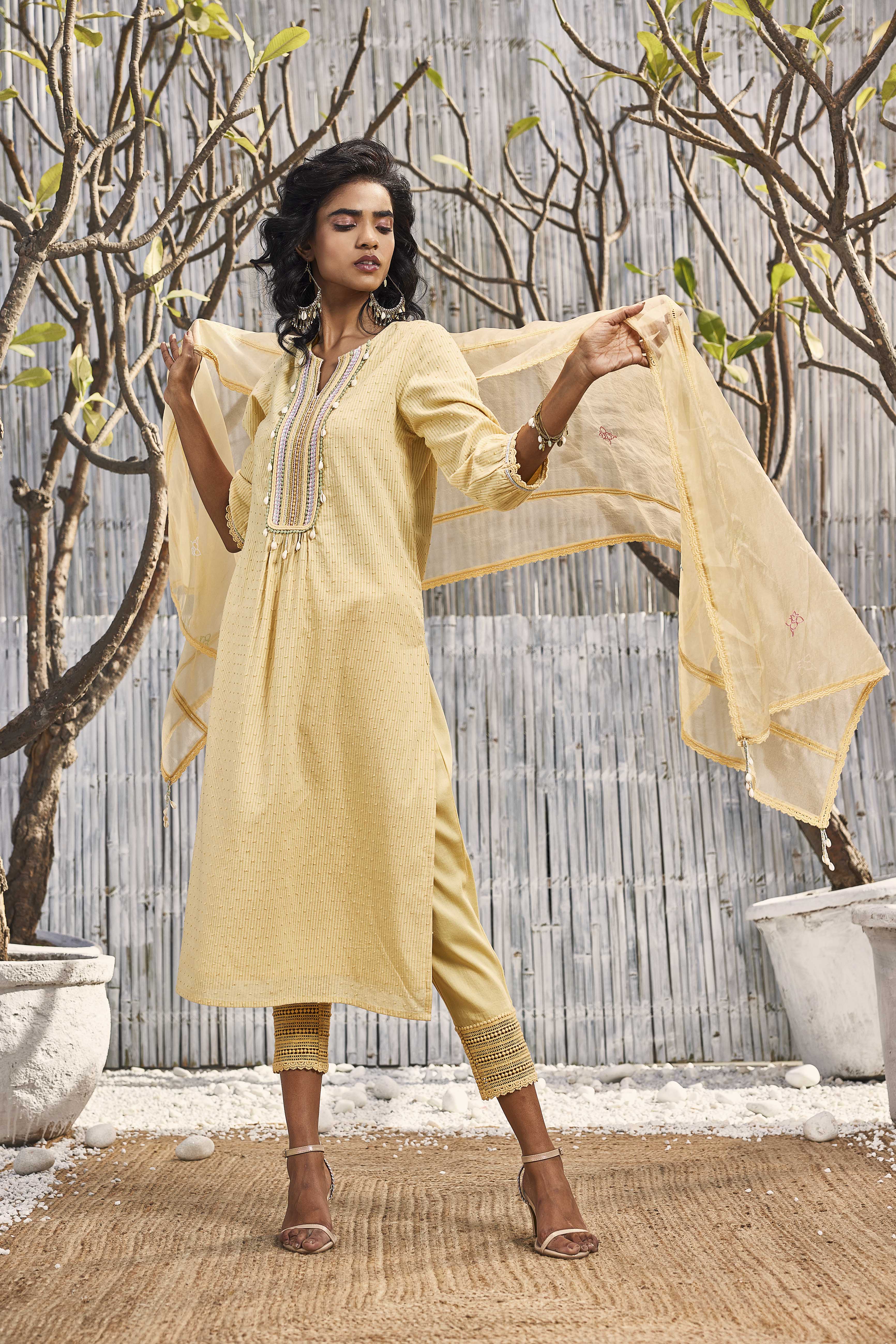 Yellow and beige hand block printed cotton kurta dress, paired with bl –  Kora India