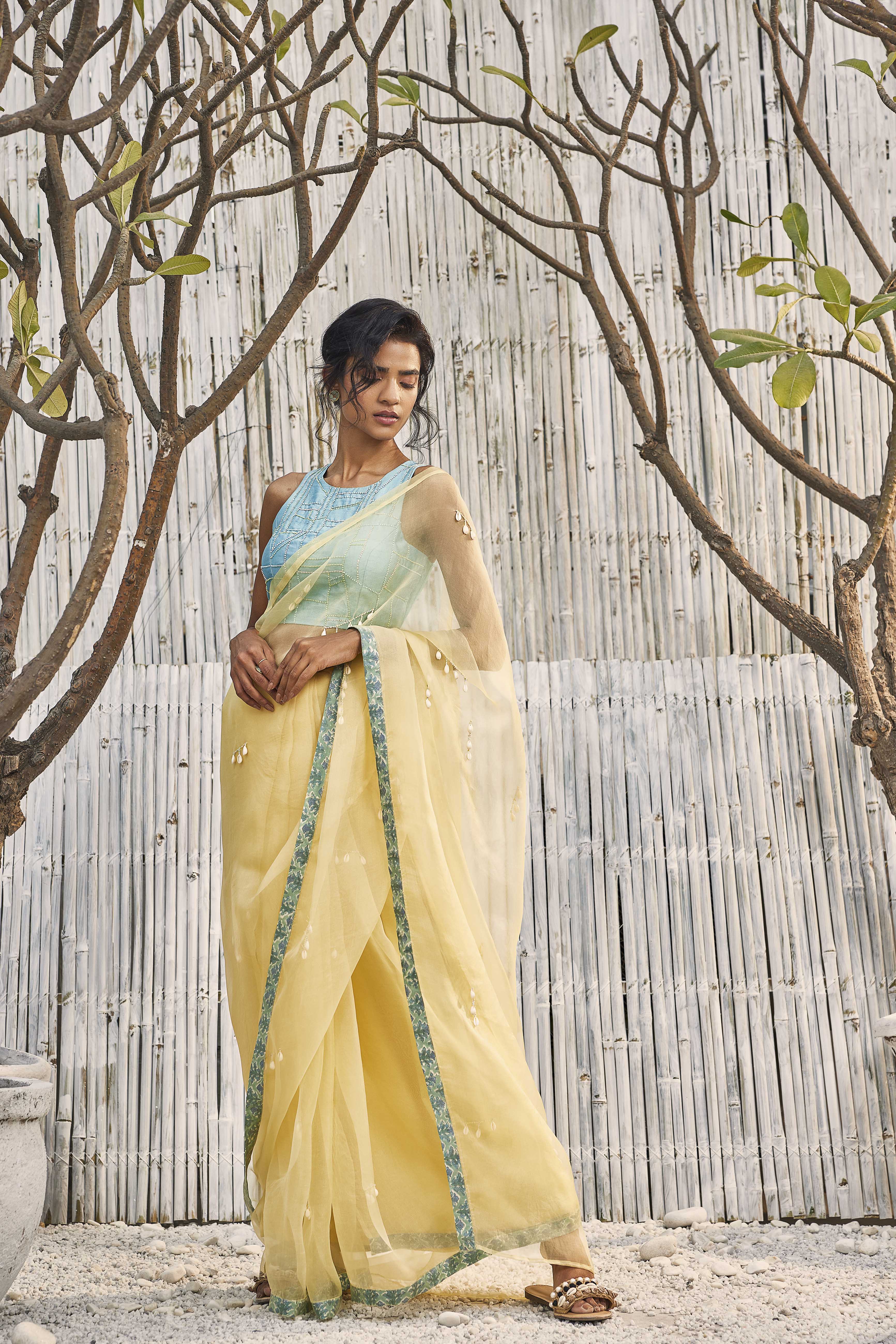 Buy Mustard Yellow Banarasi Khaddi Weaved Georgette Saree with Unstitched  Blouse online