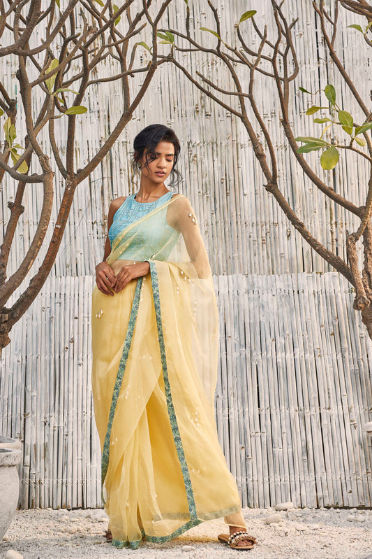 Sunshine Yellow Organza Saree with Blouse - Set of 2 at Kamakhyaa by Charkhee. This item is Chanderi, Embellished, Festive Wear, Natural, Organza, Regular Fit, Saree Sets, Shores 23, Solids, Womenswear, Yellow