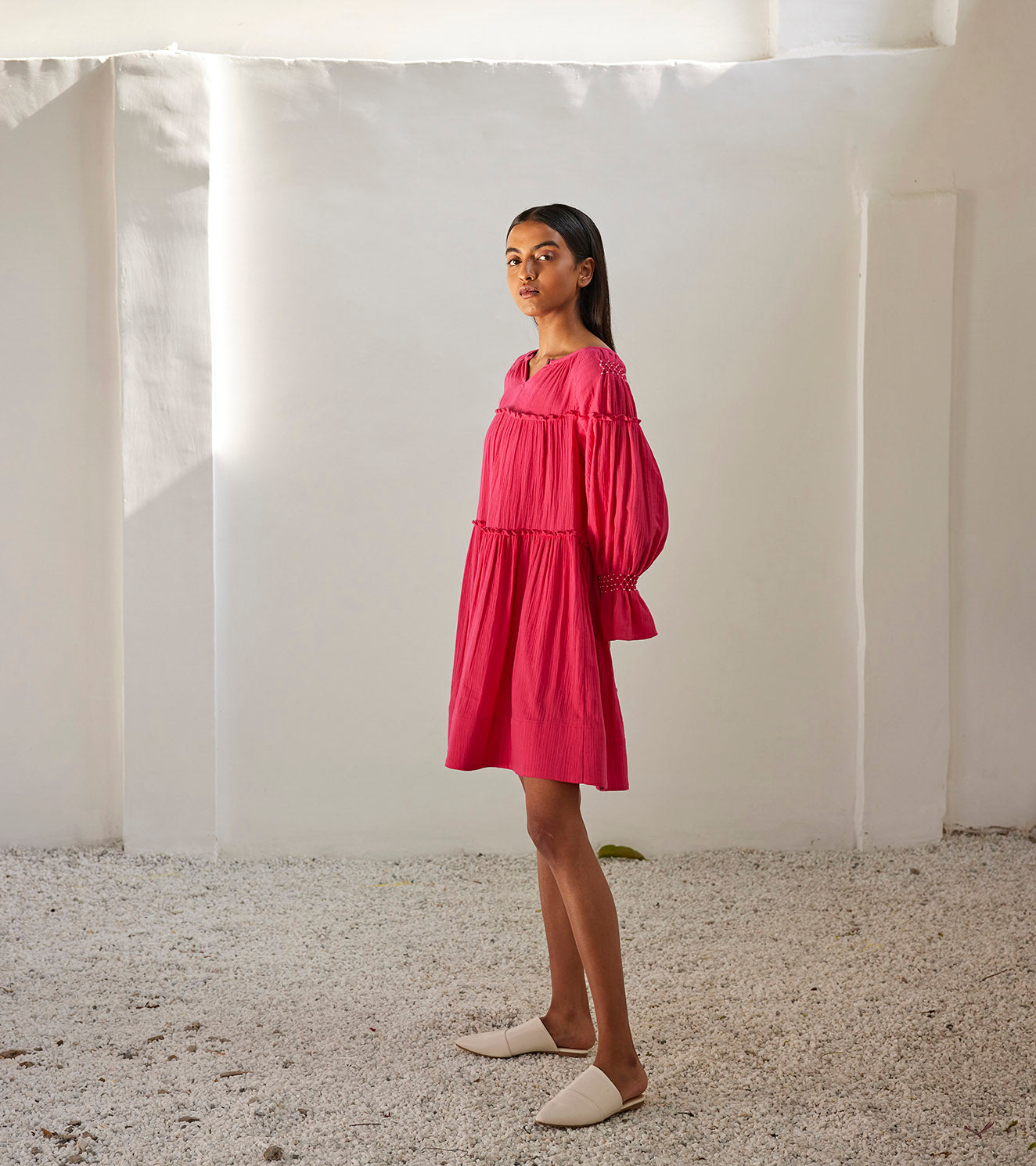 Sweet Melody Dress at Kamakhyaa by Khara Kapas. This item is Casual Wear, Double cotton, For Birthday, Mini Dresses, Oh! Sussana Spring 2023, Organic, Pink, Relaxed Fit, Solid Selfmade, Solids, Womenswear