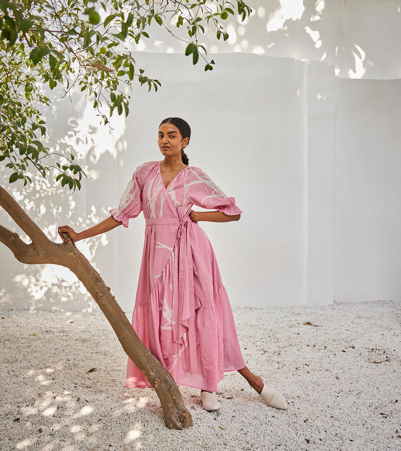 Tale Untold Dress at Kamakhyaa by Khara Kapas. This item is Casual Wear, For Daughter, Lino Print, Maxi Dresses, Mul Cotton, Oh! Sussana Spring 2023, Organic, Pink, Regular Fit, Solids, Womenswear, Wrap Dresses