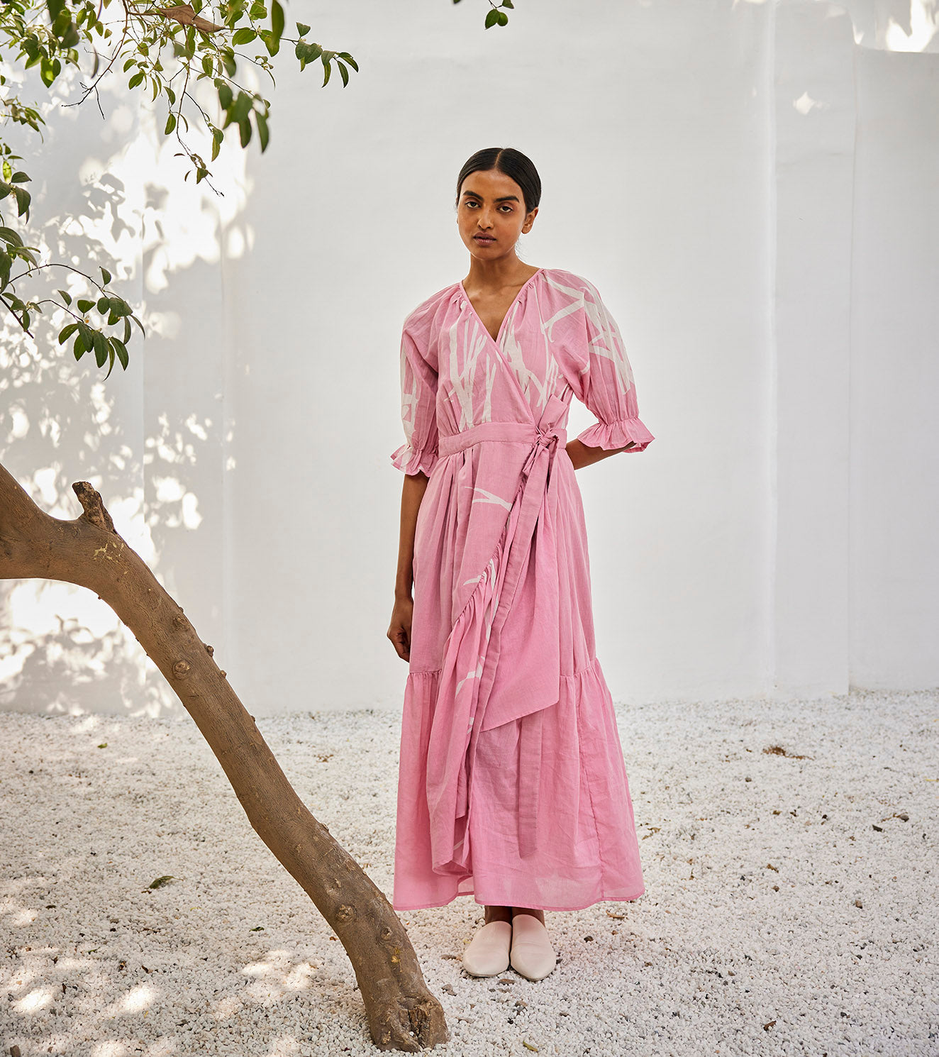 Tale Untold Dress at Kamakhyaa by Khara Kapas. This item is Casual Wear, For Daughter, Lino Print, Maxi Dresses, Mul Cotton, Oh! Sussana Spring 2023, Organic, Pink, Regular Fit, Solids, Womenswear, Wrap Dresses