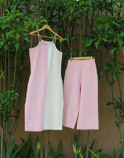 Tansi Dress and Blush Pants at Kamakhyaa by Itya. This item is Casual Wear, Co-ord Sets, Hand Spun Cotton, Handwoven cotton, Natural, Office, Office Wear Co-ords, Pastel Perfect, Pastel Perfect by Itya, Pink, Plant Dye, Regular Fit, Solids, SS22, Womenswear