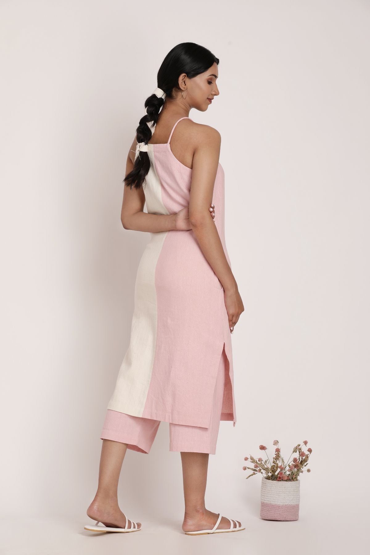 Tansi Dress and Blush Pants at Kamakhyaa by Itya. This item is Casual Wear, Co-ord Sets, Hand Spun Cotton, Handwoven cotton, Natural, Office, Office Wear Co-ords, Pastel Perfect, Pastel Perfect by Itya, Pink, Plant Dye, Regular Fit, Solids, SS22, Womenswear