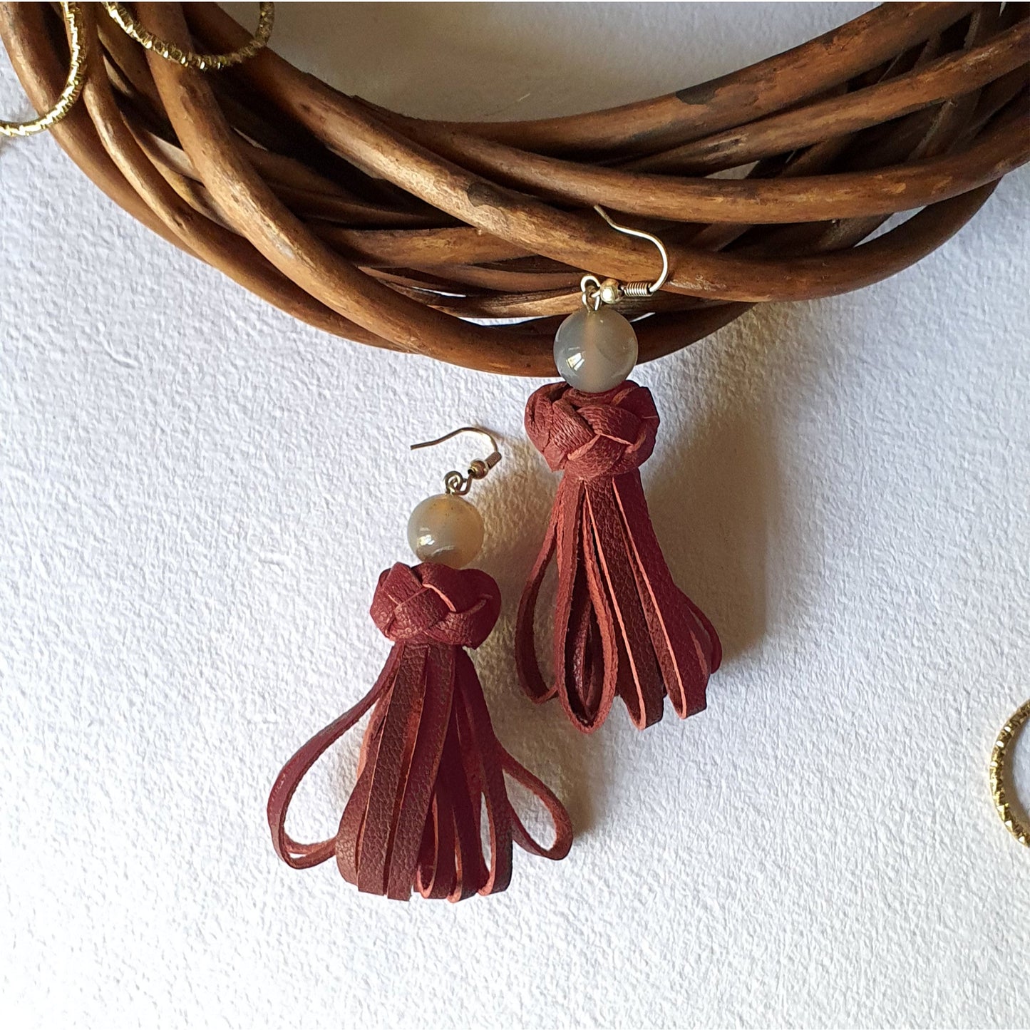 Tassel Earrings Rhosym at Kamakhyaa by Noupelle. This item is Casual Wear, Fashion Jewellery, Free Size, jewelry, Less than $50, Natural, Products less than $25, Red, Tassel Earrings, Upcycled, Upcycled leather
