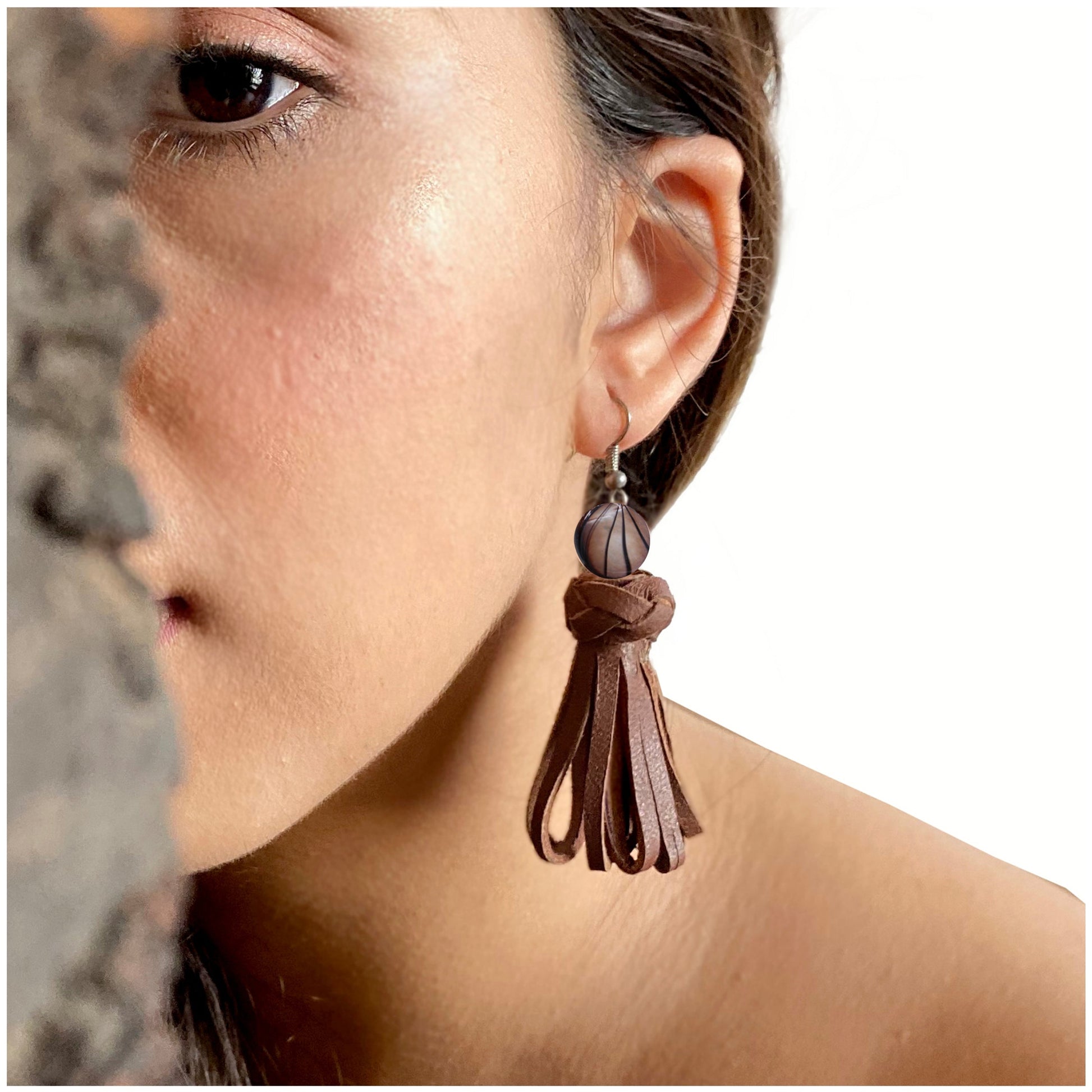 Tassel Earrings Rhosyn at Kamakhyaa by Noupelle. This item is Brown, Casual Wear, Fashion Jewellery, Free Size, jewelry, Less than $50, Natural, Products less than $25, Tassel Earrings, Upcycled, Upcycled leather
