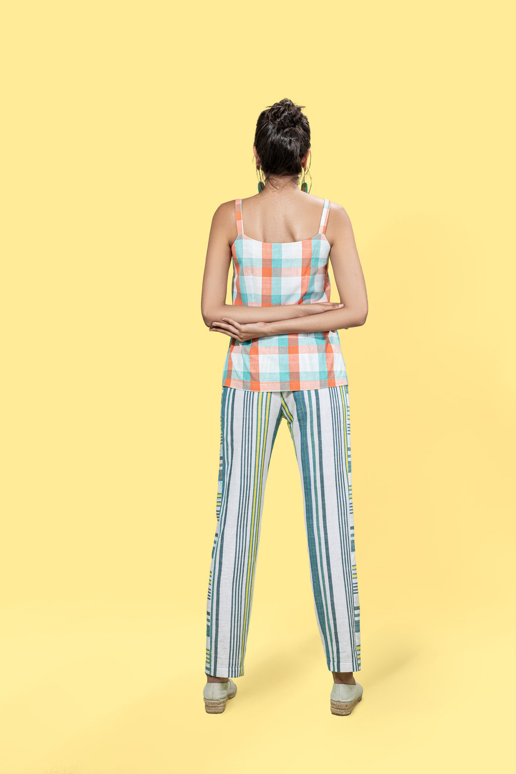 Teal Spaghetti Top at Kamakhyaa by Anushé Pirani. This item is Easter, Handwoven Jute Cotton, July Sale, July Sale 2023, Multicolor, Natural, Of Myriad Minds, Office Wear, Playful Office Wear, Relaxed Fit, sale anushe pirani, Solids, Spaghettis, White, Womenswear