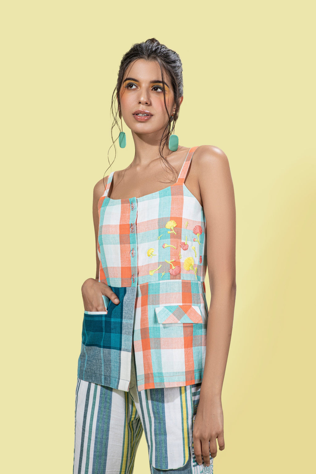 Teal Spaghetti Top at Kamakhyaa by Anushé Pirani. This item is Easter, Handwoven Jute Cotton, July Sale, July Sale 2023, Multicolor, Natural, Of Myriad Minds, Office Wear, Playful Office Wear, Relaxed Fit, sale anushe pirani, Solids, Spaghettis, White, Womenswear