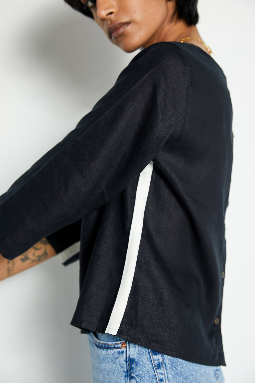 The Bold Stripe Top at Kamakhyaa by Reistor. This item is Black, Blouses, Crop Tops, Hemp, Natural, Noir, Office Wear, Regular Fit, Solids, Tops, Womenswear