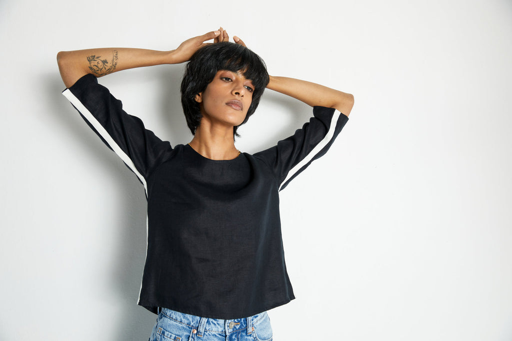 The Bold Stripe Top at Kamakhyaa by Reistor. This item is Black, Blouses, Crop Tops, Hemp, Natural, Noir, Office Wear, Regular Fit, Solids, Tops, Womenswear