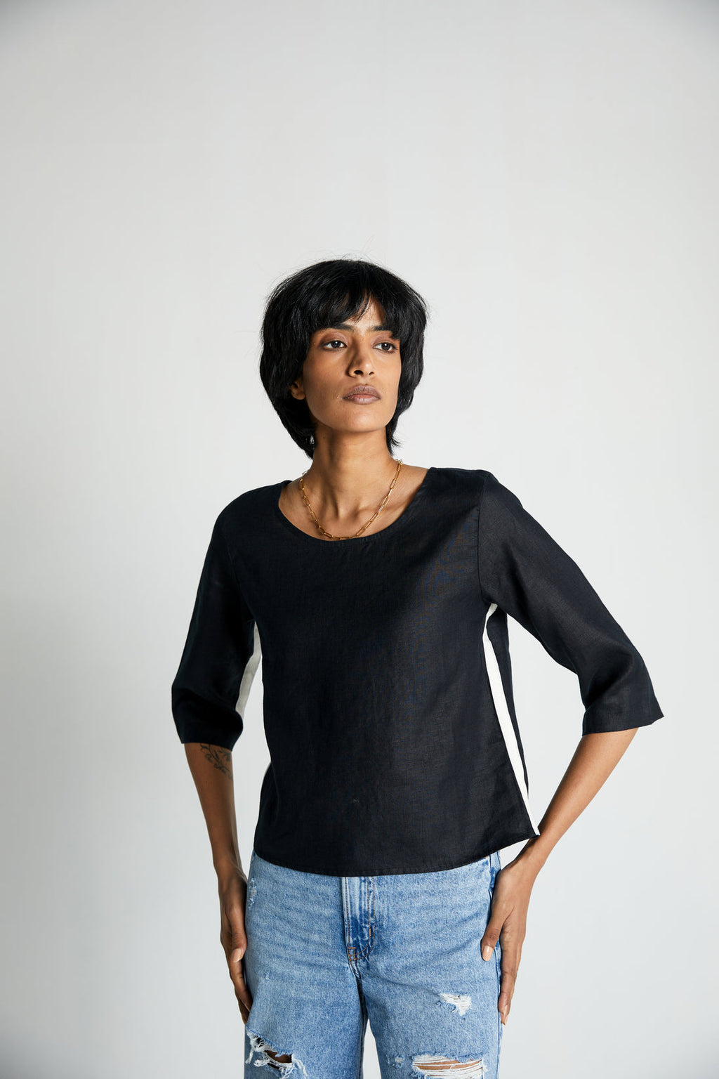 The Bold Stripe Top at Kamakhyaa by Reistor. This item is Black, Blouses, Crop Tops, Hemp, Natural, Noir, Office Wear, Regular Fit, Solids, Tops, Womenswear