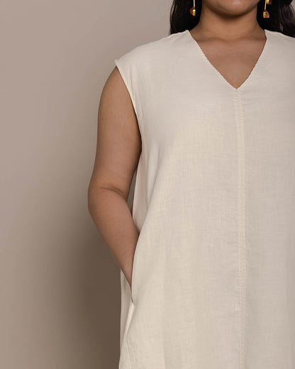 The Musical Dusk Dress - Shell Off White at Kamakhyaa by Reistor. This item is Best Selling, Casual Wear, Hemp, Mini Dresses, Natural, Sleeveless Dresses, Solids, White, Womenswear