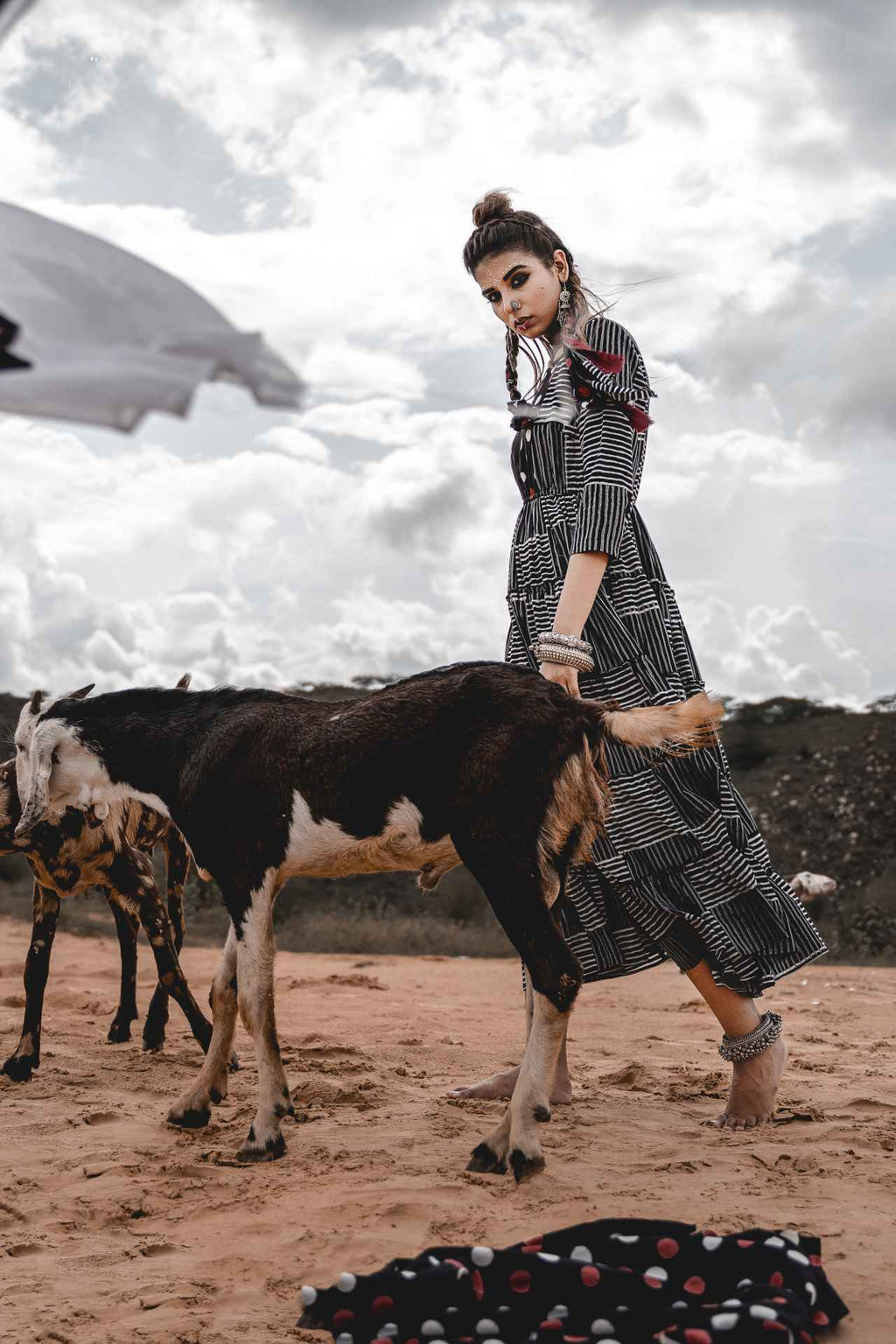 Tiered Sleeve Dress at Kamakhyaa by Keva. This item is Black, Block Prints, Cotton, Midi Dresses, Natural, Printed Selfsame, Relaxed Fit, Resort Wear, Tiered Dresses, Wild Child, Womenswear