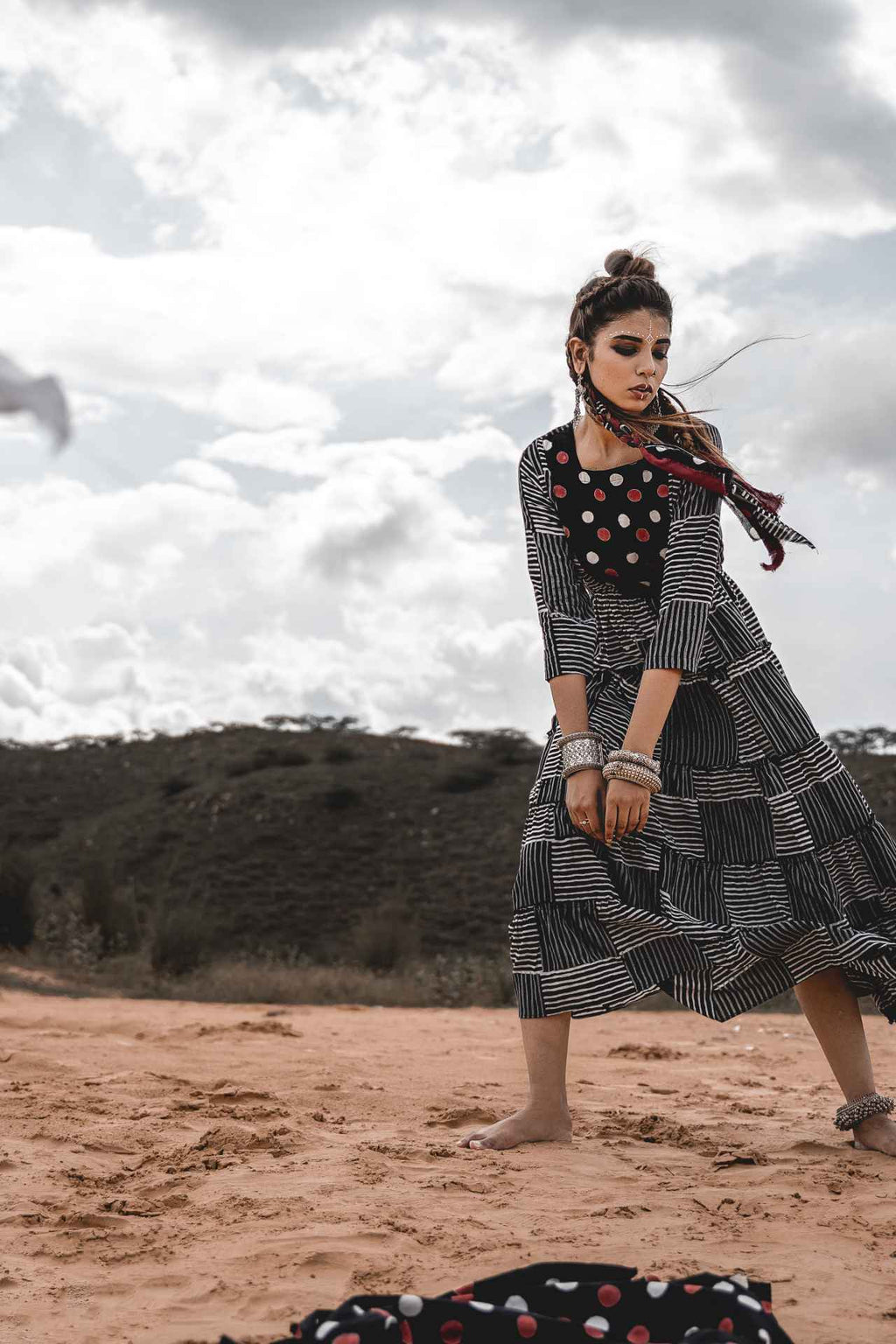 Tiered Sleeve Dress at Kamakhyaa by Keva. This item is Black, Block Prints, Cotton, Midi Dresses, Natural, Printed Selfsame, Relaxed Fit, Resort Wear, Tiered Dresses, Wild Child, Womenswear